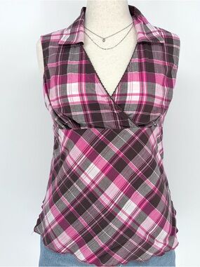 Pink Plaid Y2K Button Up Top Sleeveless Fitted Mall Girl 2000s Medium